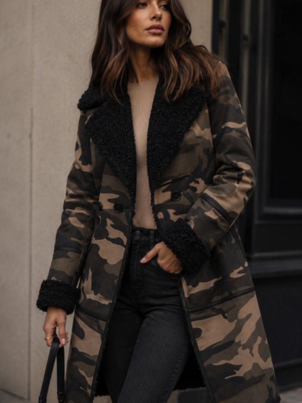 274. Women's Luxe Camo Fur Coat Black & Brown
